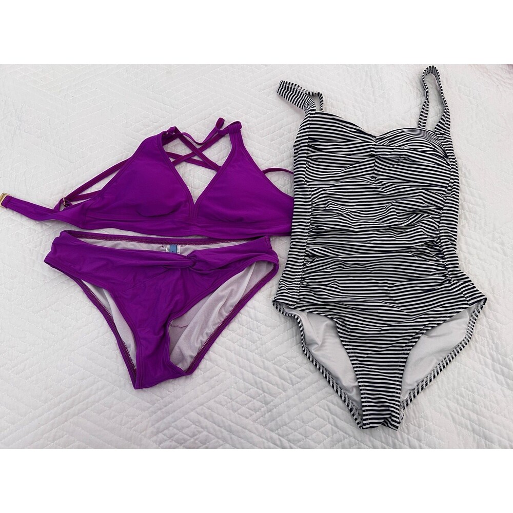 SWIMSUITS LOT OF 2 - Purple Twist-Front Bikini Set & Nautical Striped One-Piece